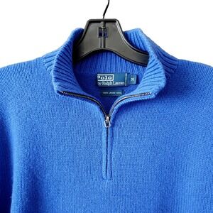 Vtg Polo Ralph Lauren Lambs Wool Quarter Zip Sweater 90's Blue Men's Medium READ